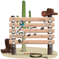 cactus, cowboy boots, cowboy hat, with fence with music symbols, moving butterfly