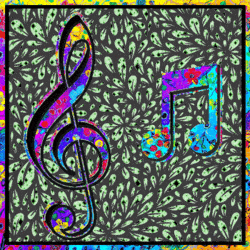 patterned treble clef, note, matching frame, greenery background