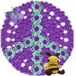purple crochet peace sign design with flower, butterfly, bee