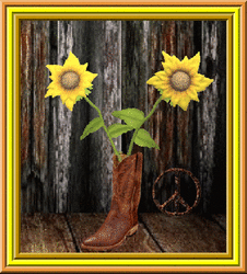 dancing sunflowers in cowboy boots, carved peace sign