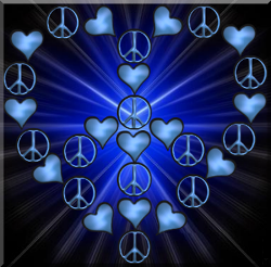 deep blue background peace love symbol alternating hearts, peace signs