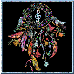 dream catcher, treble clef center, dangling feathers, beads