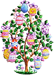 tree with animated colorful easter eggs tied with bows