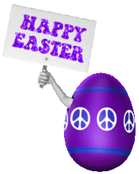 bright purple easter eggs with peace signs, arms hold happy easter sign