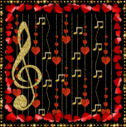 red, gold hearts, notes hanging, treble clef, hearts framed