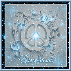 pastel blue peace sign with music symbols flowing outward, stars shining through