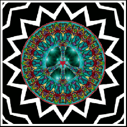 peace sign center with black, white expanding kaleidoscope background