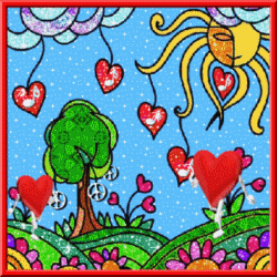 cartoon scene with walking hearts, hanging hearts with notes
