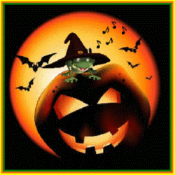 big orange moon with scary jack-o-lantern, bats flying, frog with witch hat singing