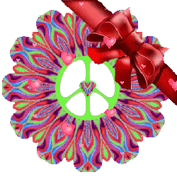 red, green patterned peace sign with bow, falling hearts
