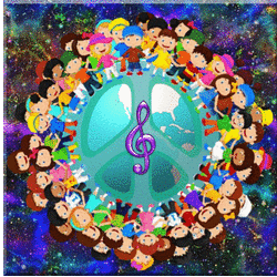 rotating earth with peace sign, treble clef surrounded by children