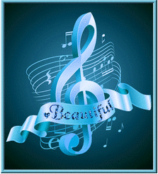 glowing blue treble clef, swirls of notes, ribbon with beautiful