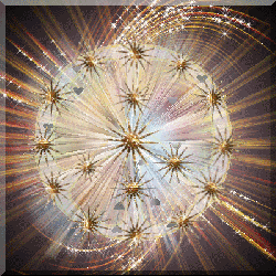 gold spheres form peace sign, radiating background