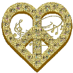 gold glittered peace love symbol with music staff