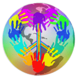 globe of earth with hands shaped into heart peace symbol,, rainbow colors