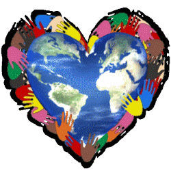 heart shaped earth over heart shape of colorful hands