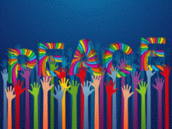 colorful hands reaching up for animated colors on word peace