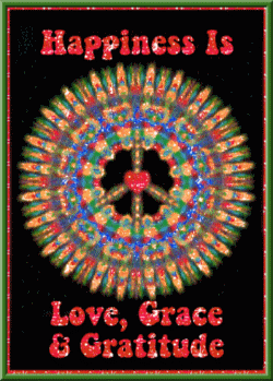 text, happiness is love grace gratitude, bright colors peace sign, heart center