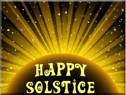 half sun with rays, stars, happy solstice