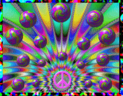 pink center blinking peace sign with rotating psychedelic balls