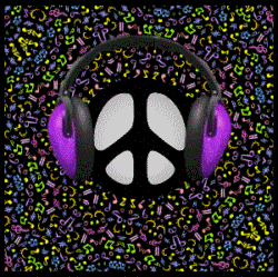 peace sign wearing headphones, multiple colored notes