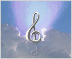 iridescent light shines over treble clef set in clouds
