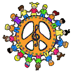 treble clef centered peace sign with children circling