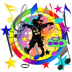 silhouette of hip-hop dancer, notes, radio, stars