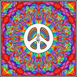 colorful peace sign, treble clef center, circle of treble clefs