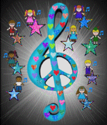 burst of light with treble clef with hearts, ethnic children suroound on stars