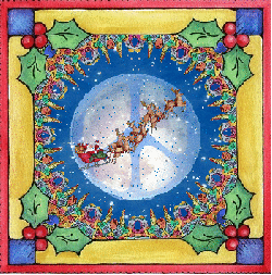 Santa's sleigh over peace sign, snow falling