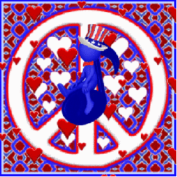 red, white, blue figure, patriotic hat, peace sign, floating hearts