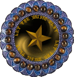 let the music play, text, on gold spinning star, jeweled outer layer