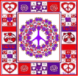 red, purple peace sign center, framed in hearts pattern