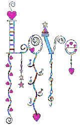 fancy text love, dangling treble clef, notes, hearts, stars
