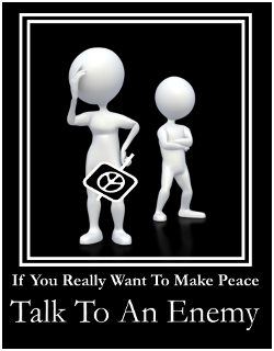 two angry figures, one holding peace poster