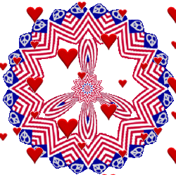 red, white, blue pattern peace sign, floating hearts