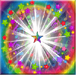 multitude of colorful stars and notes, light burst