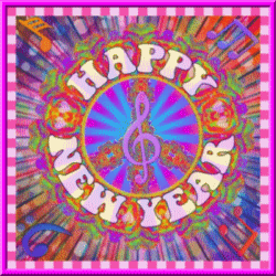colorful peace sign, treble clef center, happy new year
