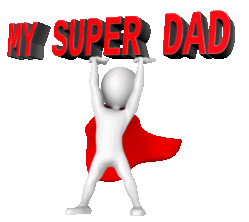 figure with moving cape holding text, my super dad