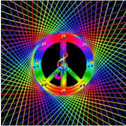 rainbow nett with rainbow peace sign, notes, treble clef