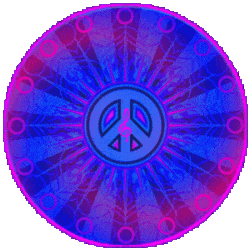 circular spinning blue, purple, peace sign center with treble clef