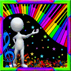 night  figure singing universal stars, rainbow piano