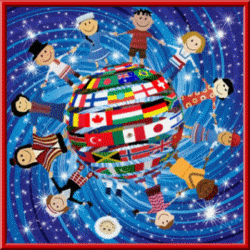 world flags shape layers of globe ethnic kids holding hands