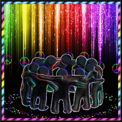 figures hug with colorful light background