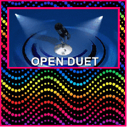 open duet spinning mic over colorful dots