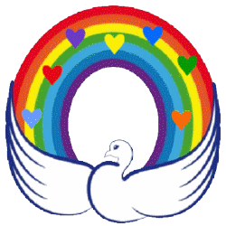 peace dove with wings spread, rainbow, animated hearts overlay