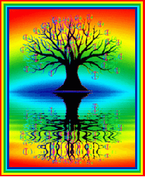 water reflecting tree silhouette with peace signs