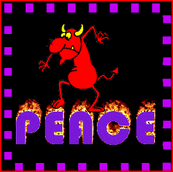 animated devil hopping around on word, peace
