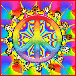 kids holding hands around peace sign, animated rainbows background